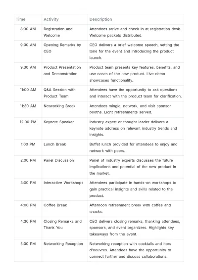 Free Startup Product Launch Event Schedule Template to Edit Online