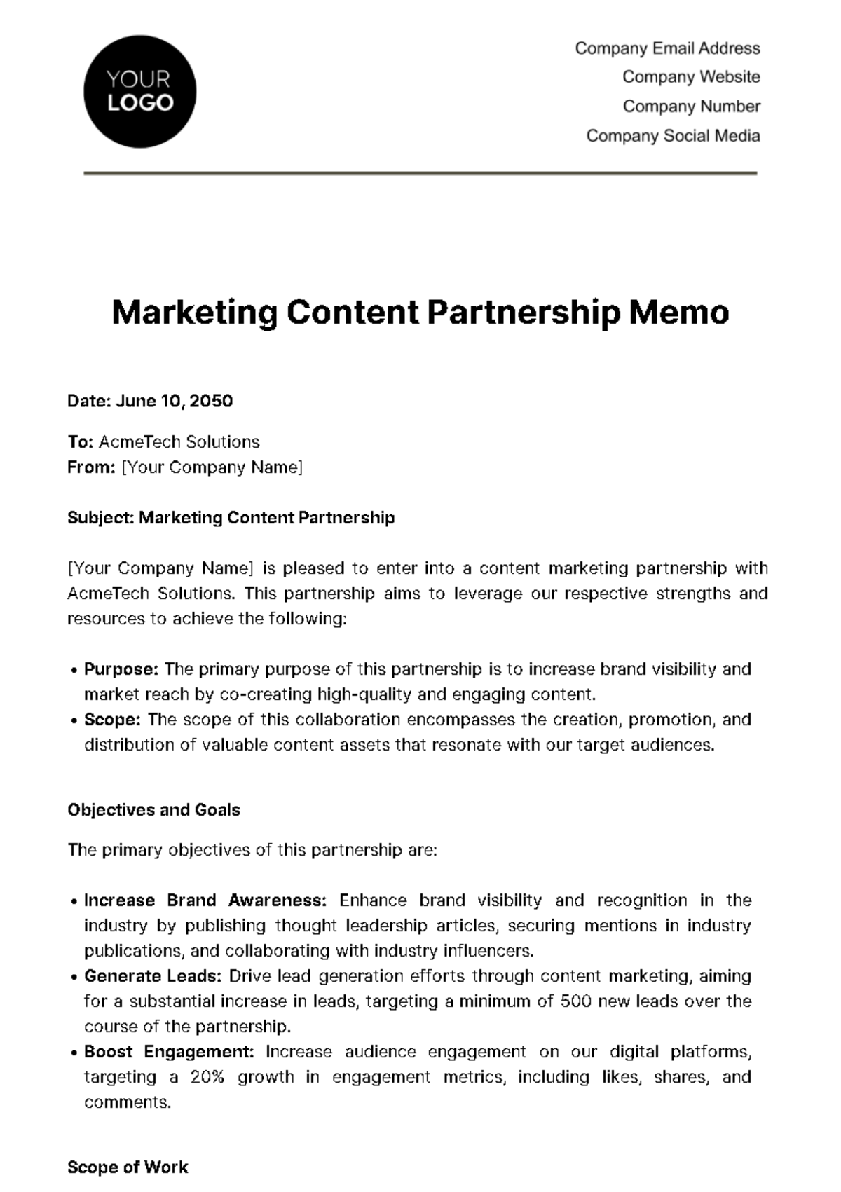 Marketing Content Partnership Memo Template