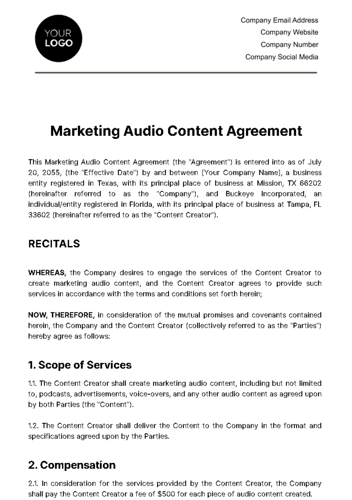 Marketing Audio Content Agreement Template