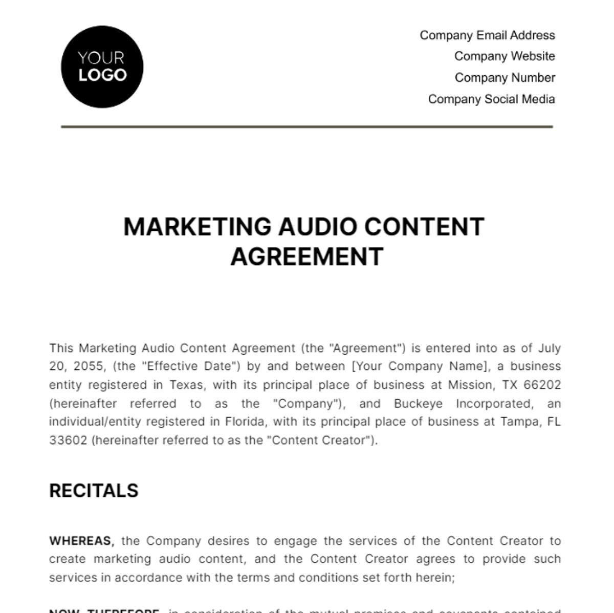 Marketing Audio Content Agreement Template