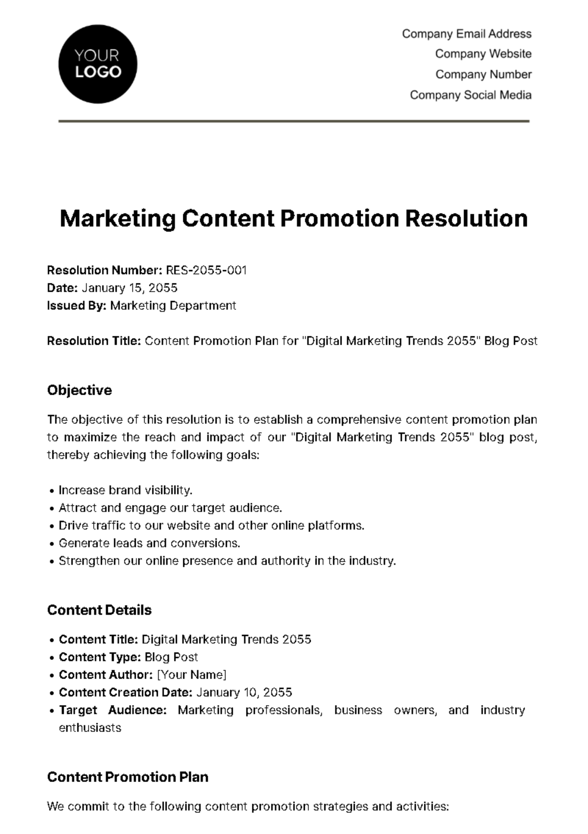 Free Marketing Content Promotion Resolution Template
