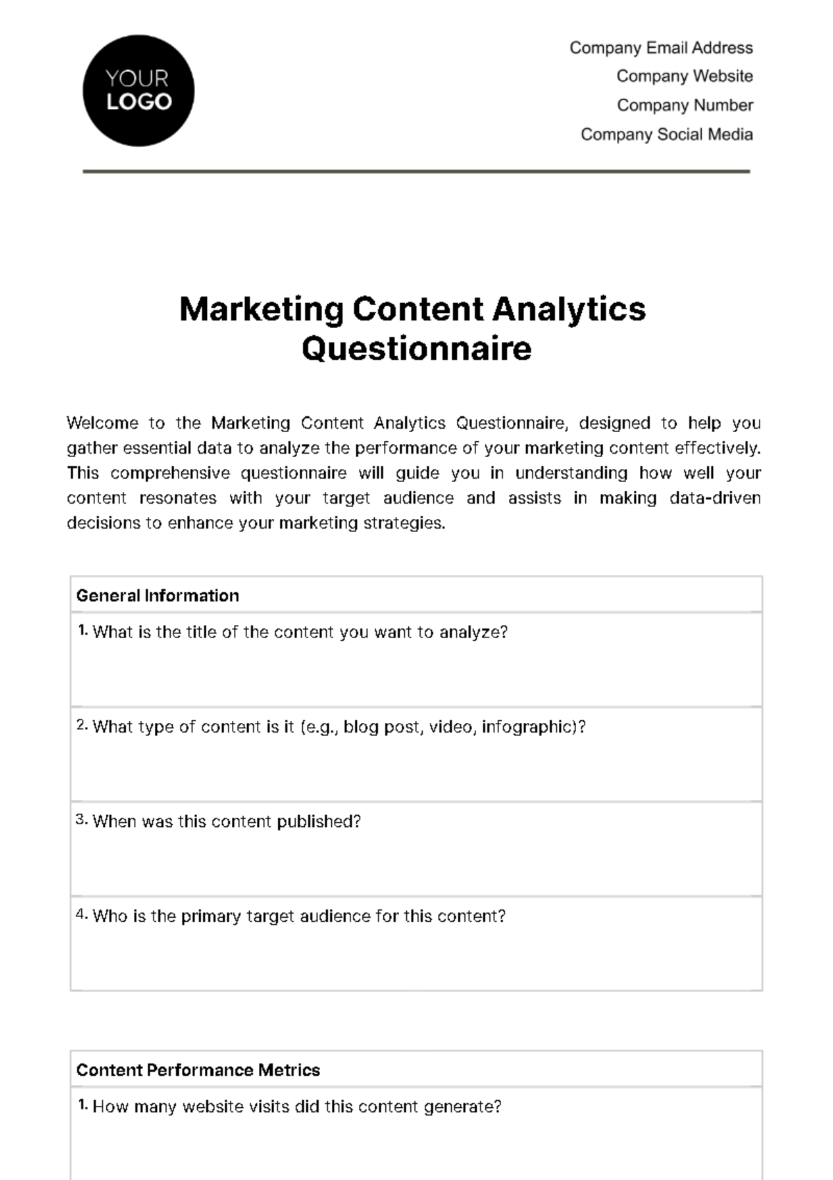 Marketing Content Analytics Questionnaire Template
