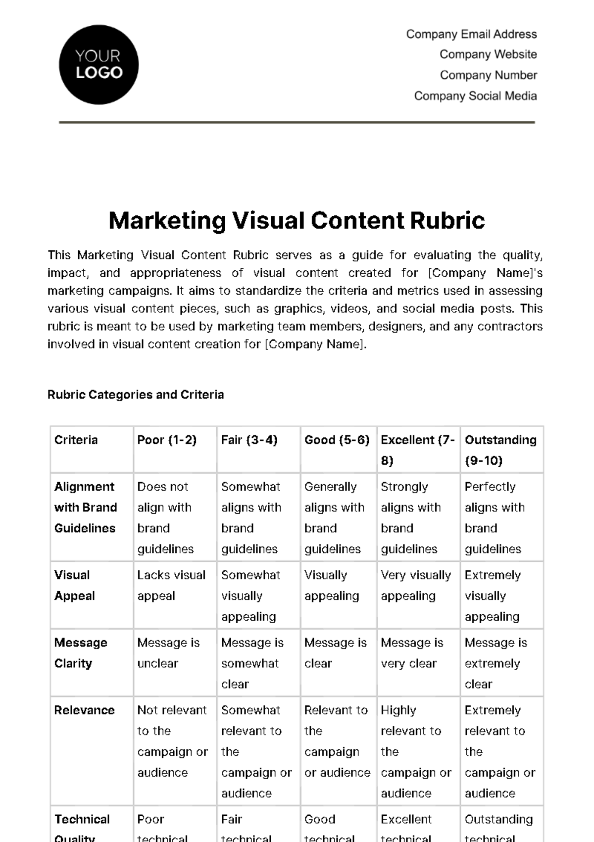 Marketing Visual Content Rubric Template