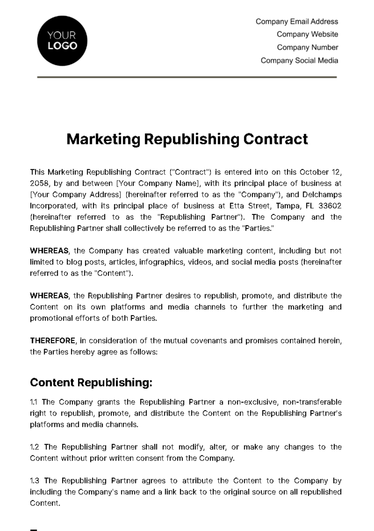 Free Marketing Republishing Contract Template