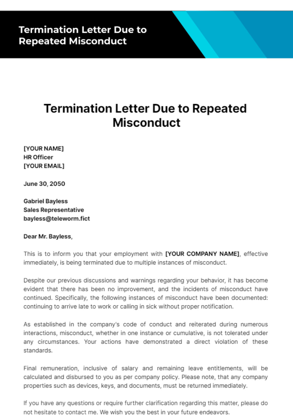 Termination Letter Template Due to Repeated Misconduct - Edit Online & Download