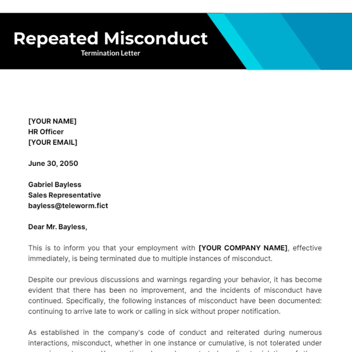 Termination Letter Template Due to Repeated Misconduct