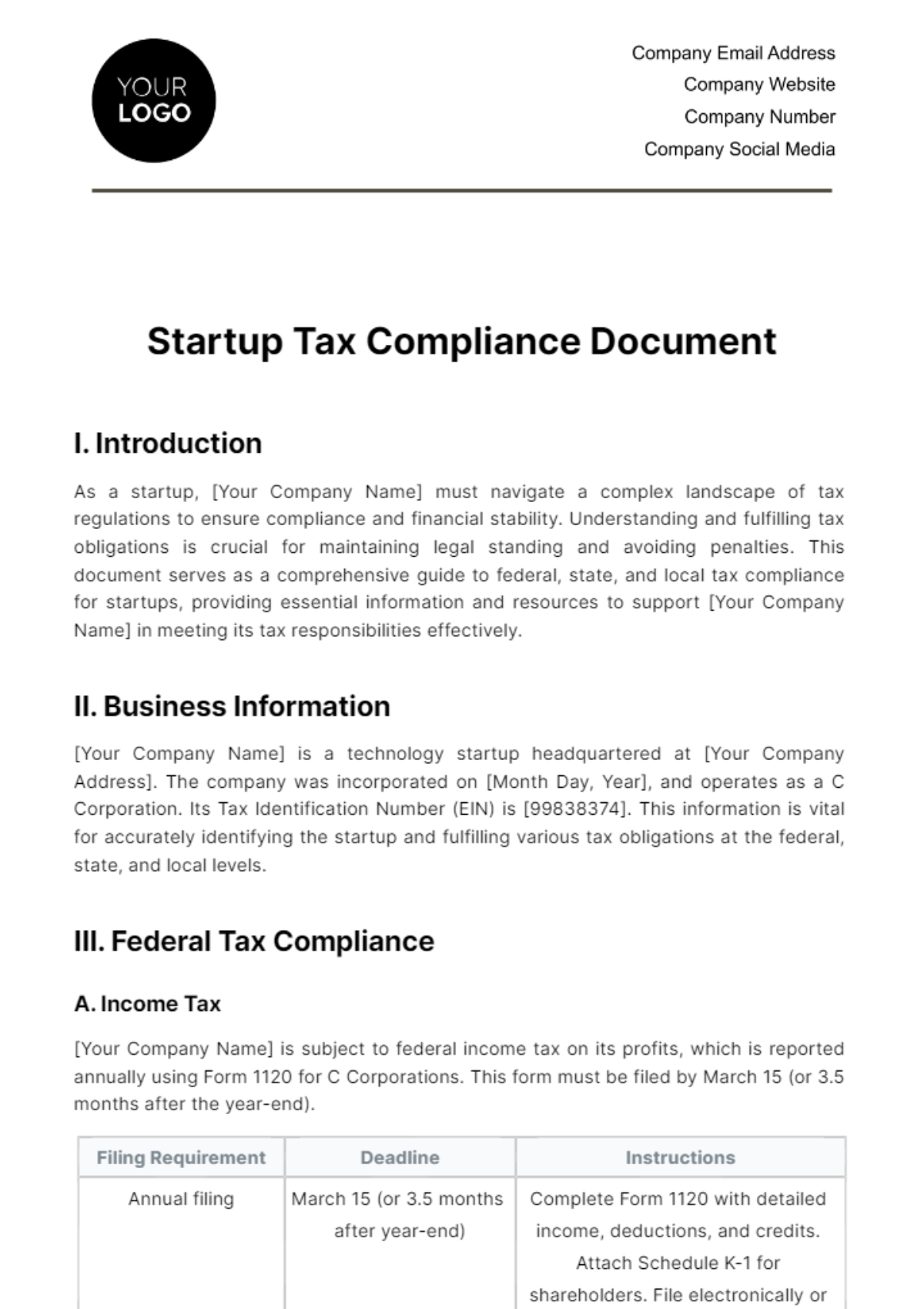 Free Startup Tax Compliance Document Template