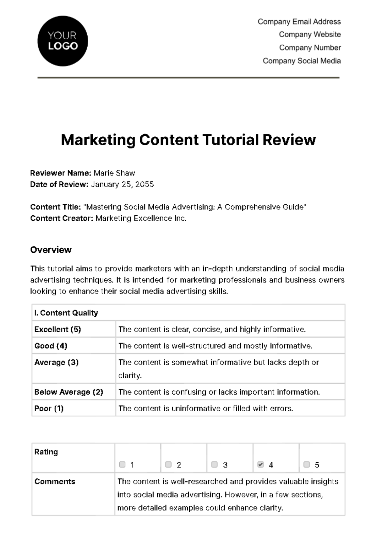 Free Marketing Content Tutorial Review Template