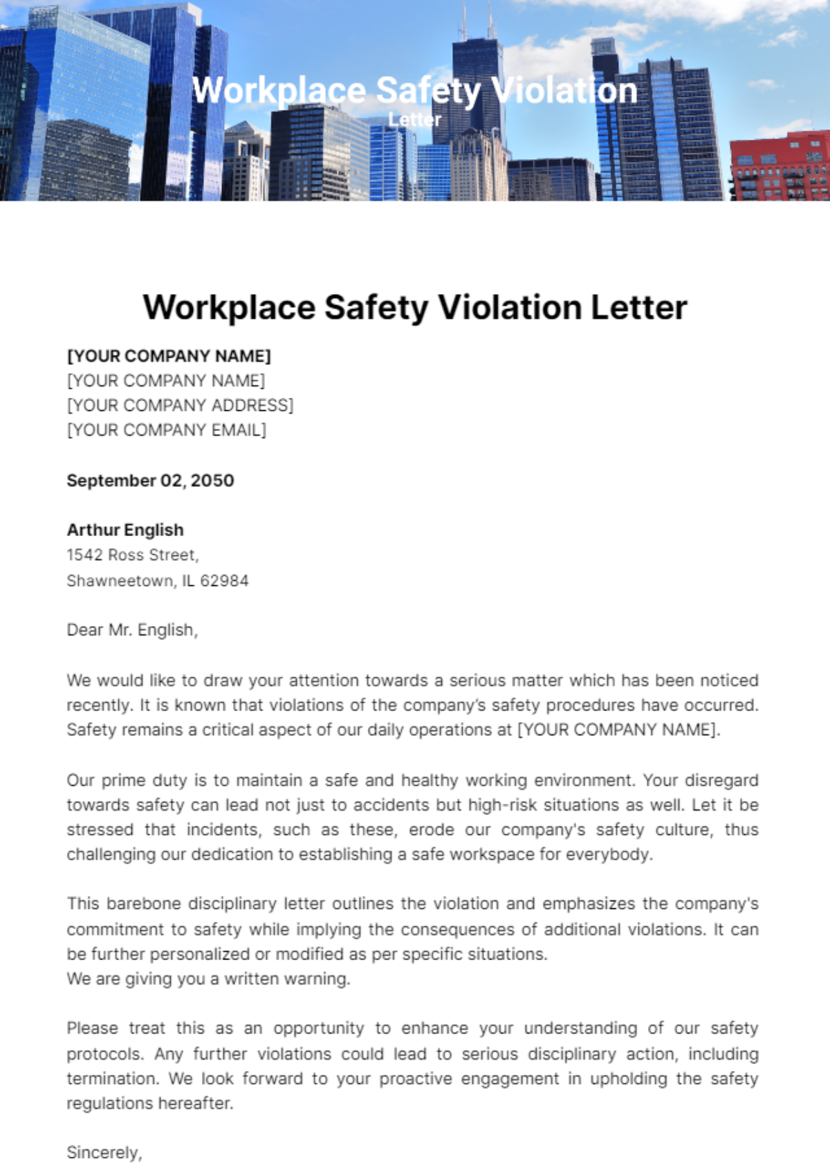 Workplace Safety Violation Letter Template - Edit Online & Download