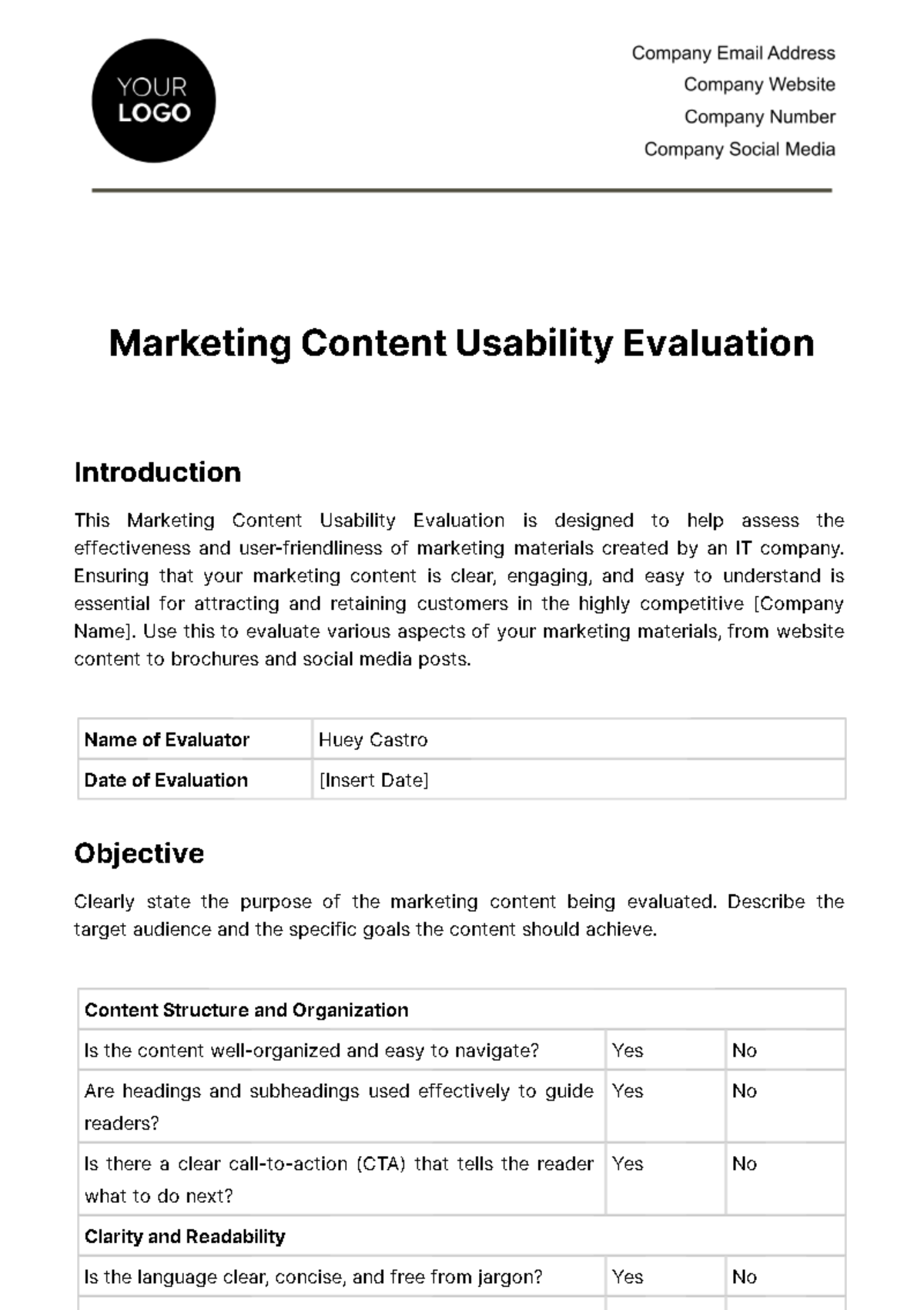 Free Marketing Content Usability Evaluation Template