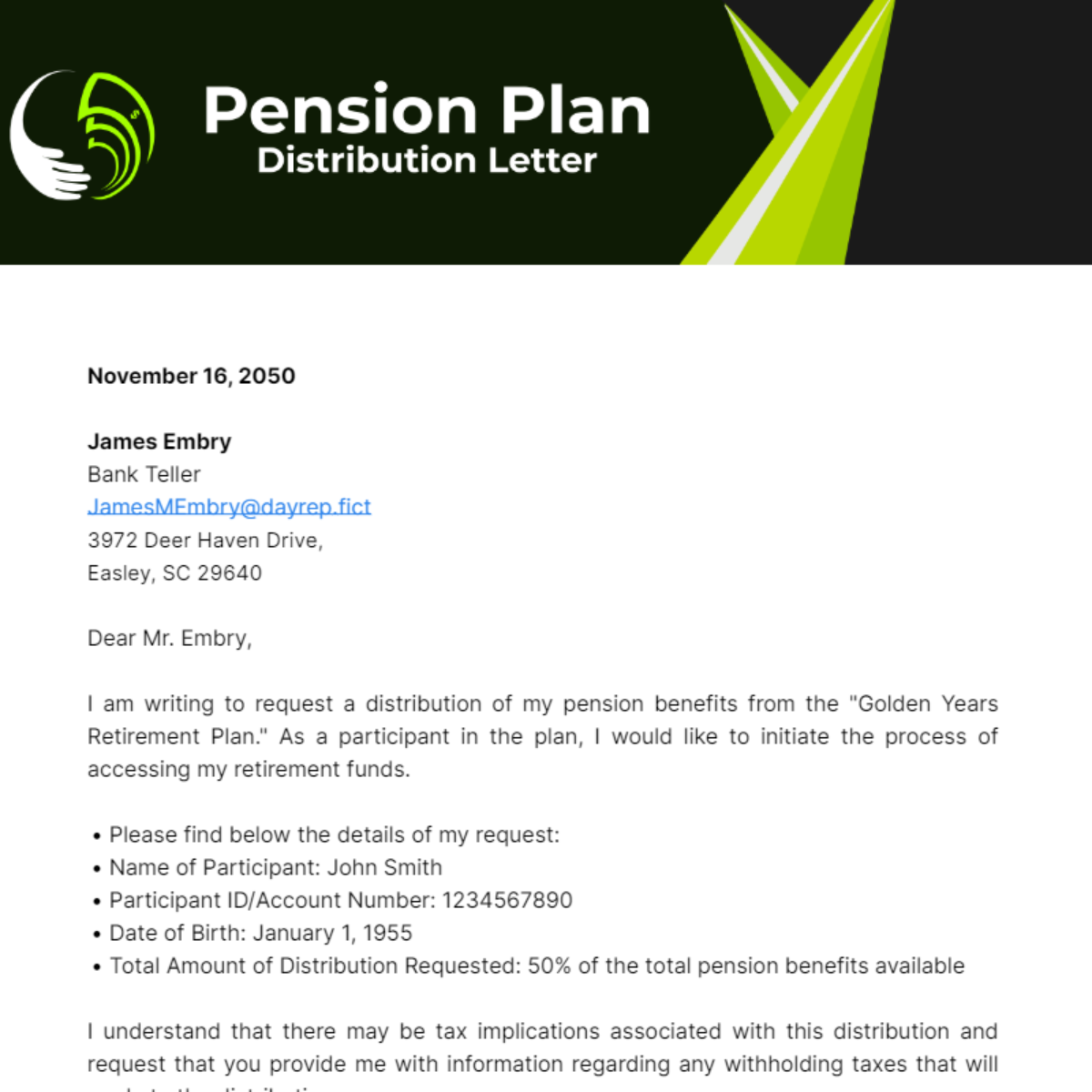Pension Plan Distribution Letter Template