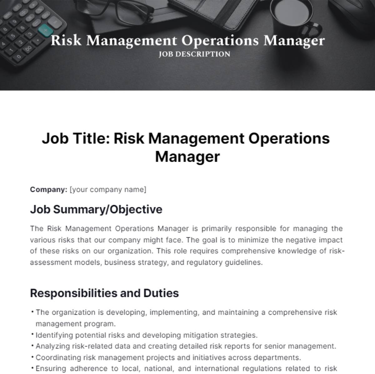 Risk Management Operations Manager Job Description Template