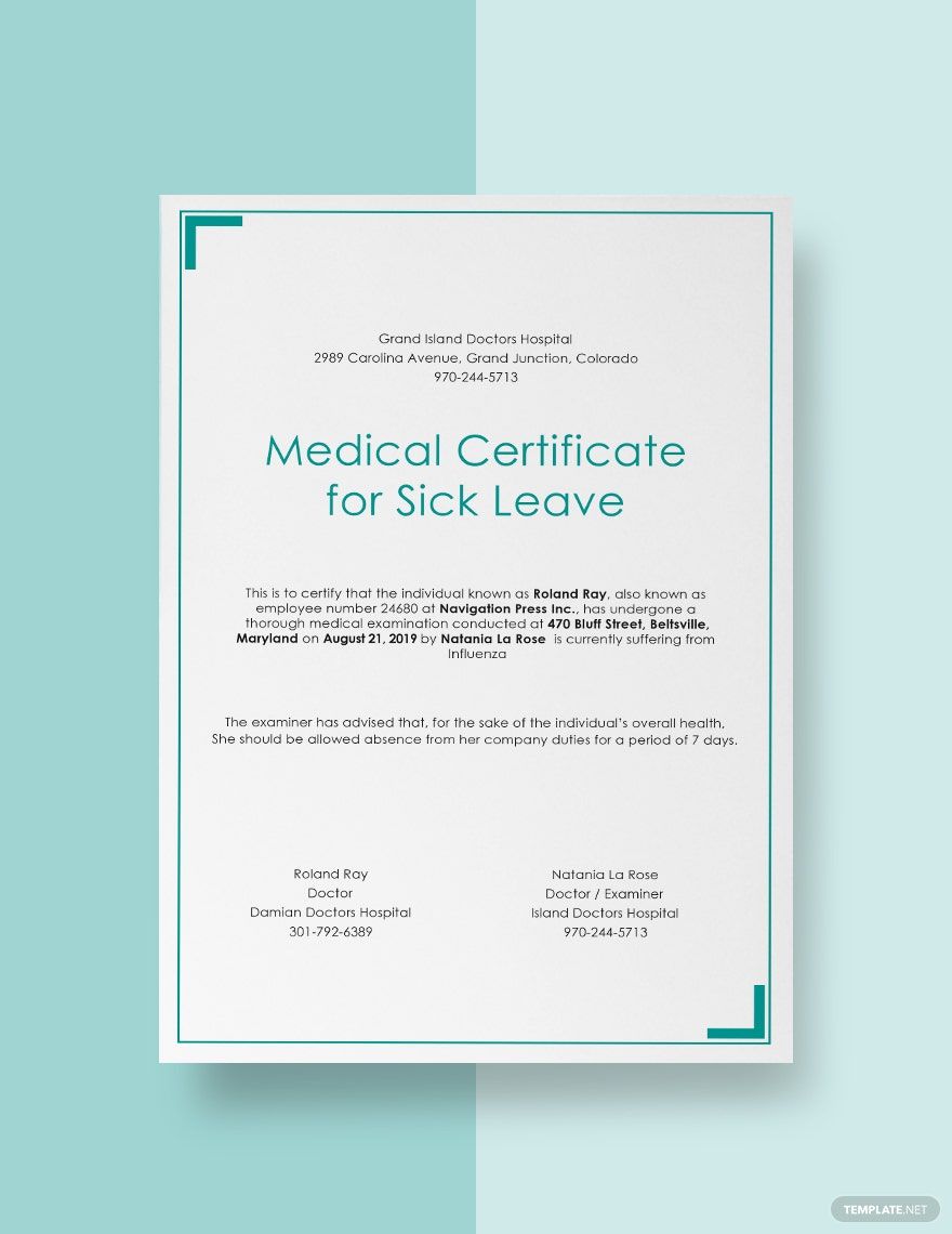 Medical Certificate for Sick Leave Template in PSD, InDesign, Illustrator, Pages, Word, Publisher, Google Docs - Download | Template.net