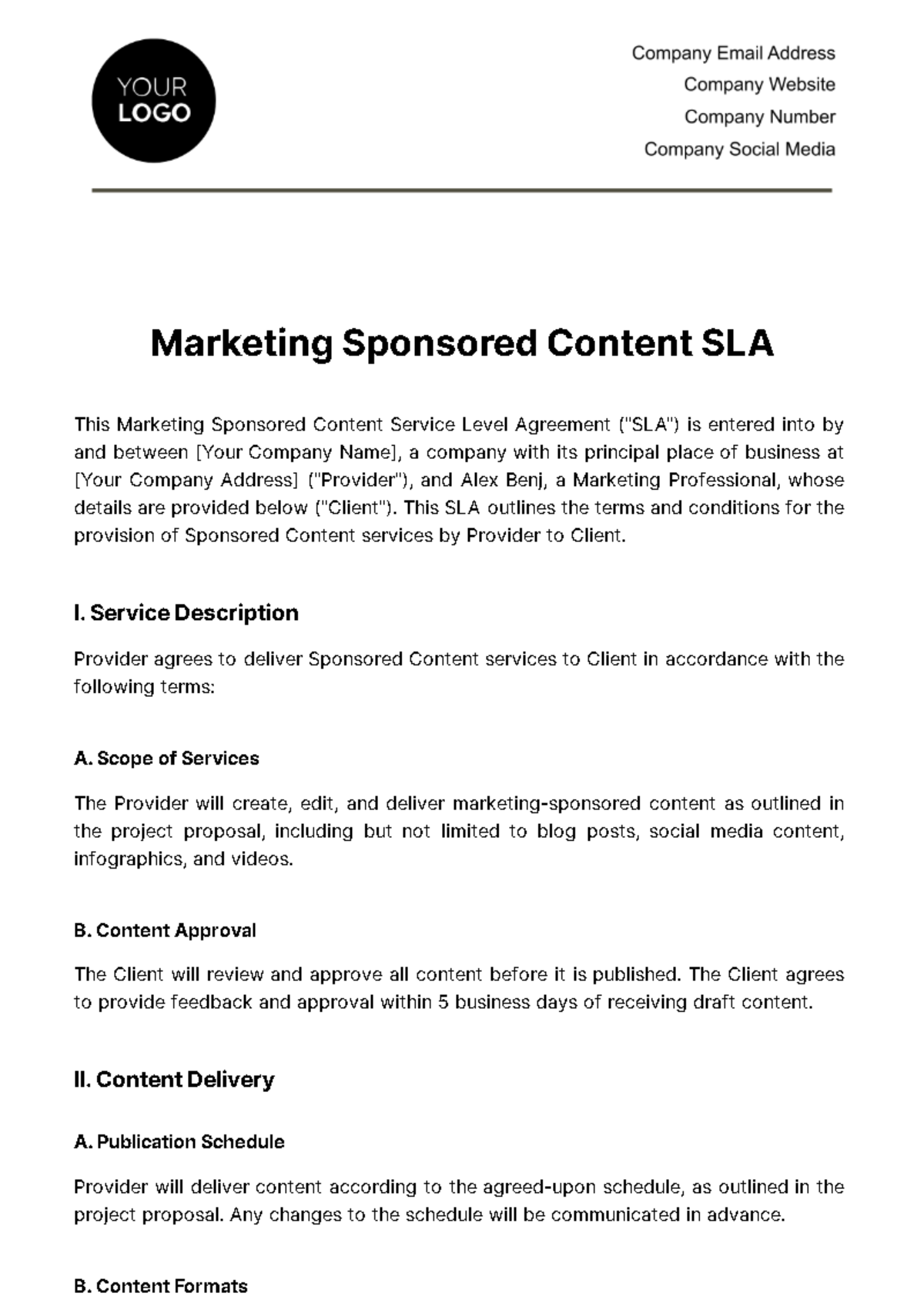Marketing Sponsored Content SLA Template