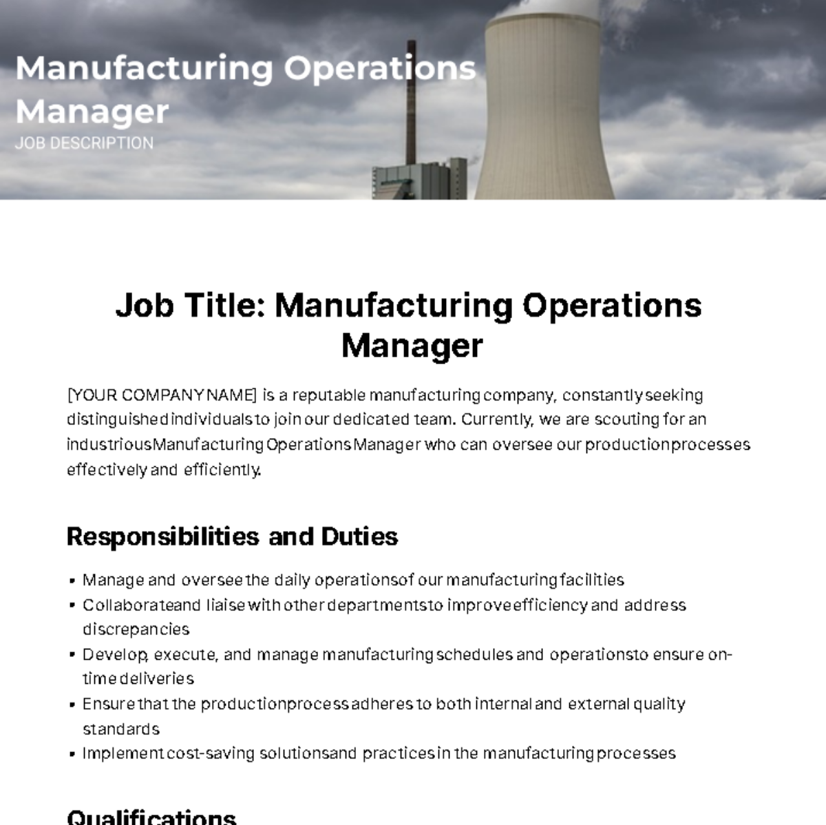 Manufacturing Operations Manager Job Description Template