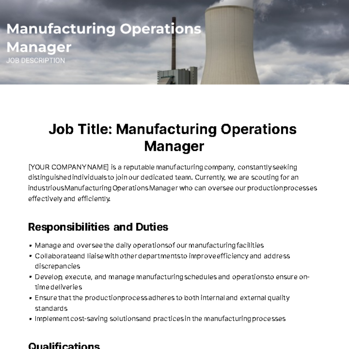 Manufacturing Operations Manager Job Description Template - Edit Online & Download