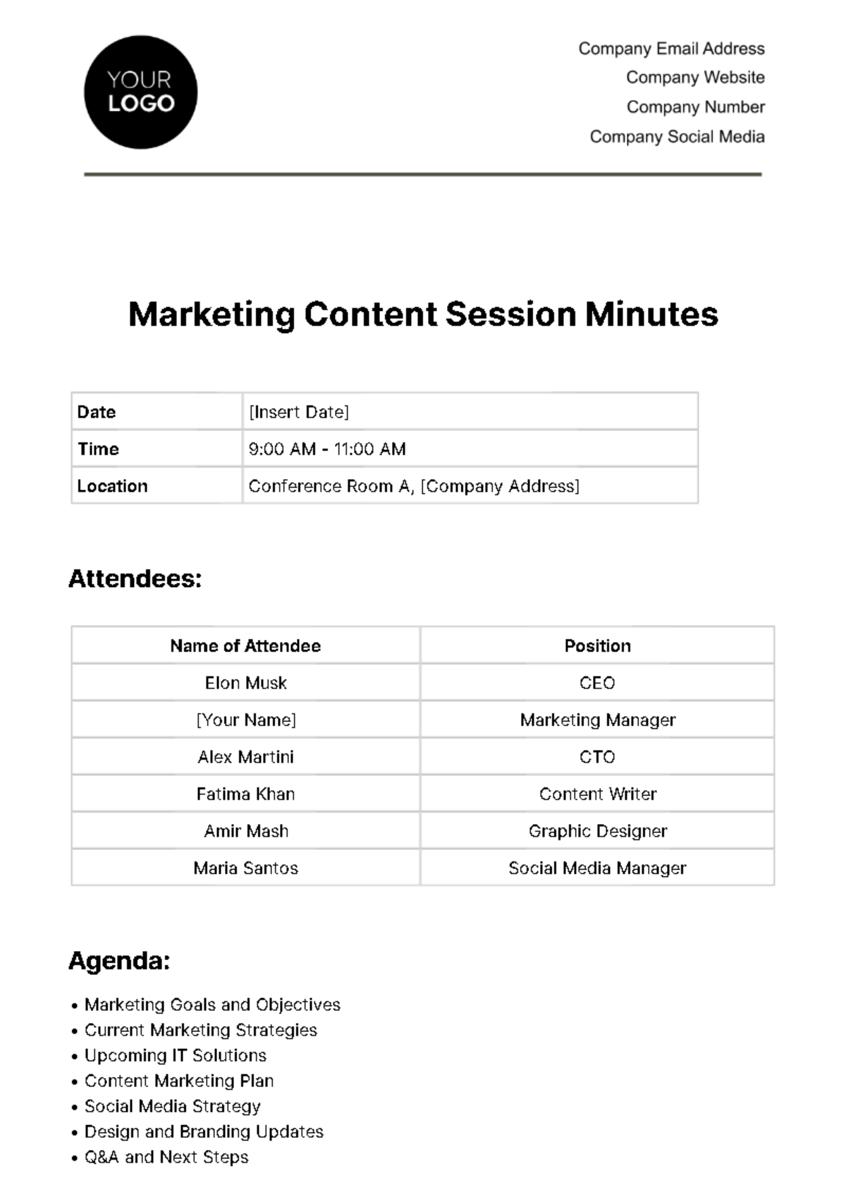 Free Marketing Content Session Minute Template