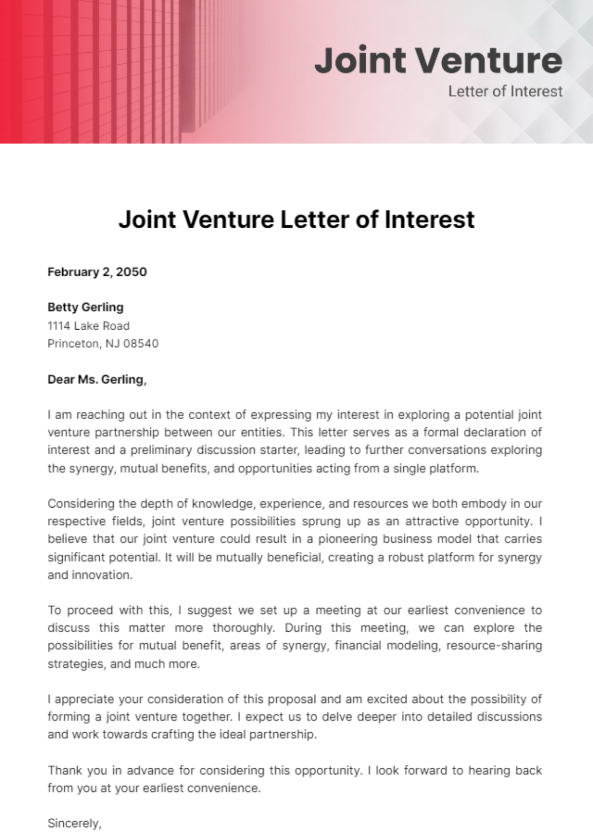 Joint Venture Letter of Interest Template - Edit Online & Download