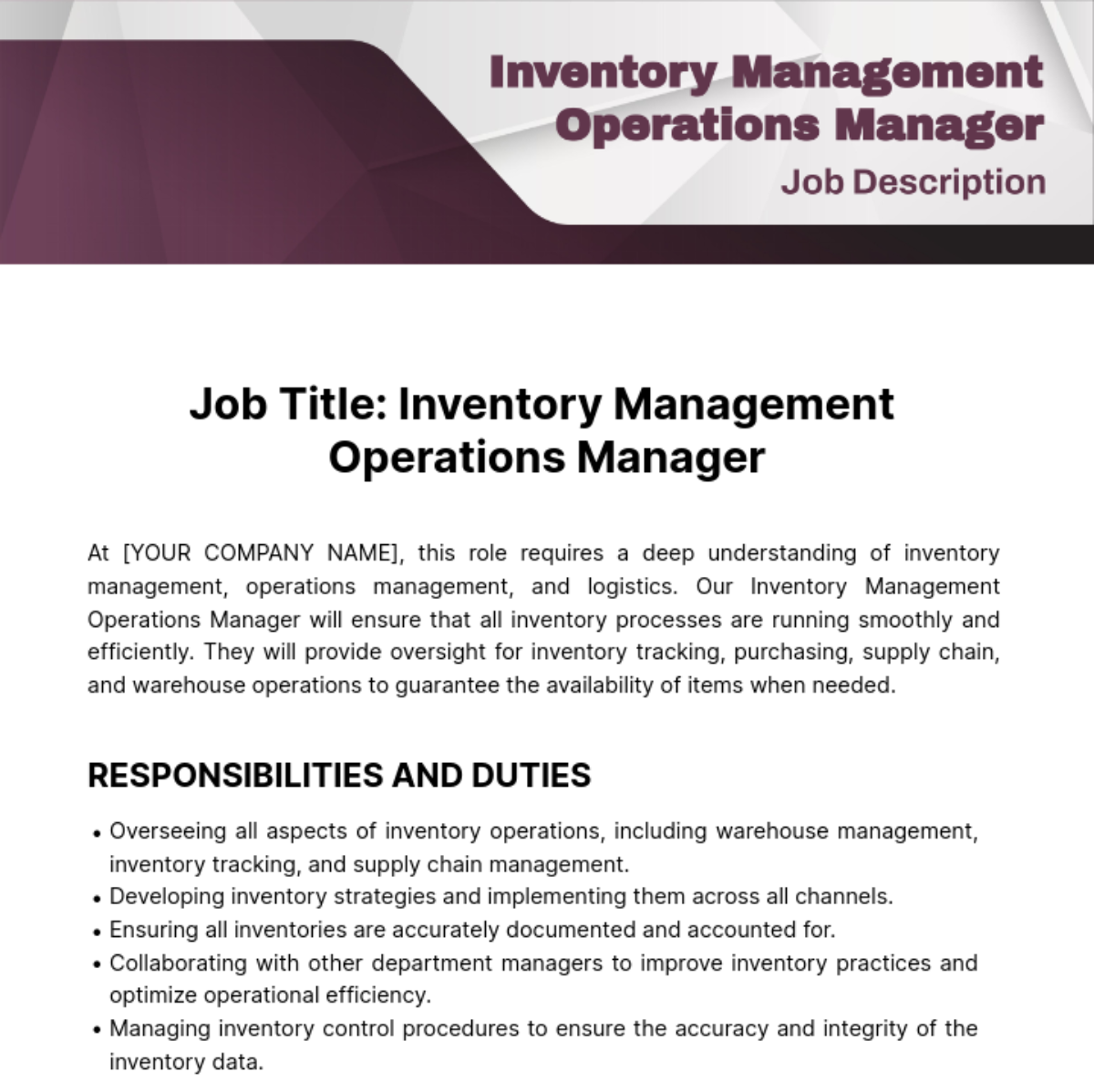 Inventory Management Operations Manager Job Description Template