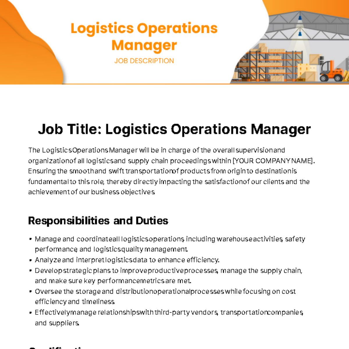 Logistics Operations Manager Job Description Template