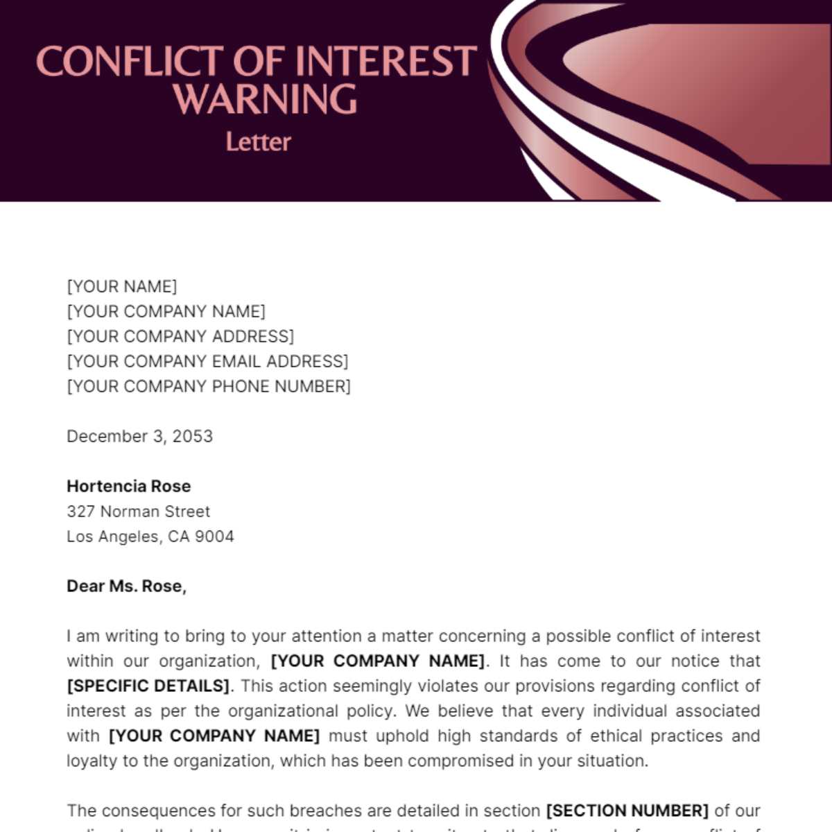 Conflict of Interest Warning Letter Template