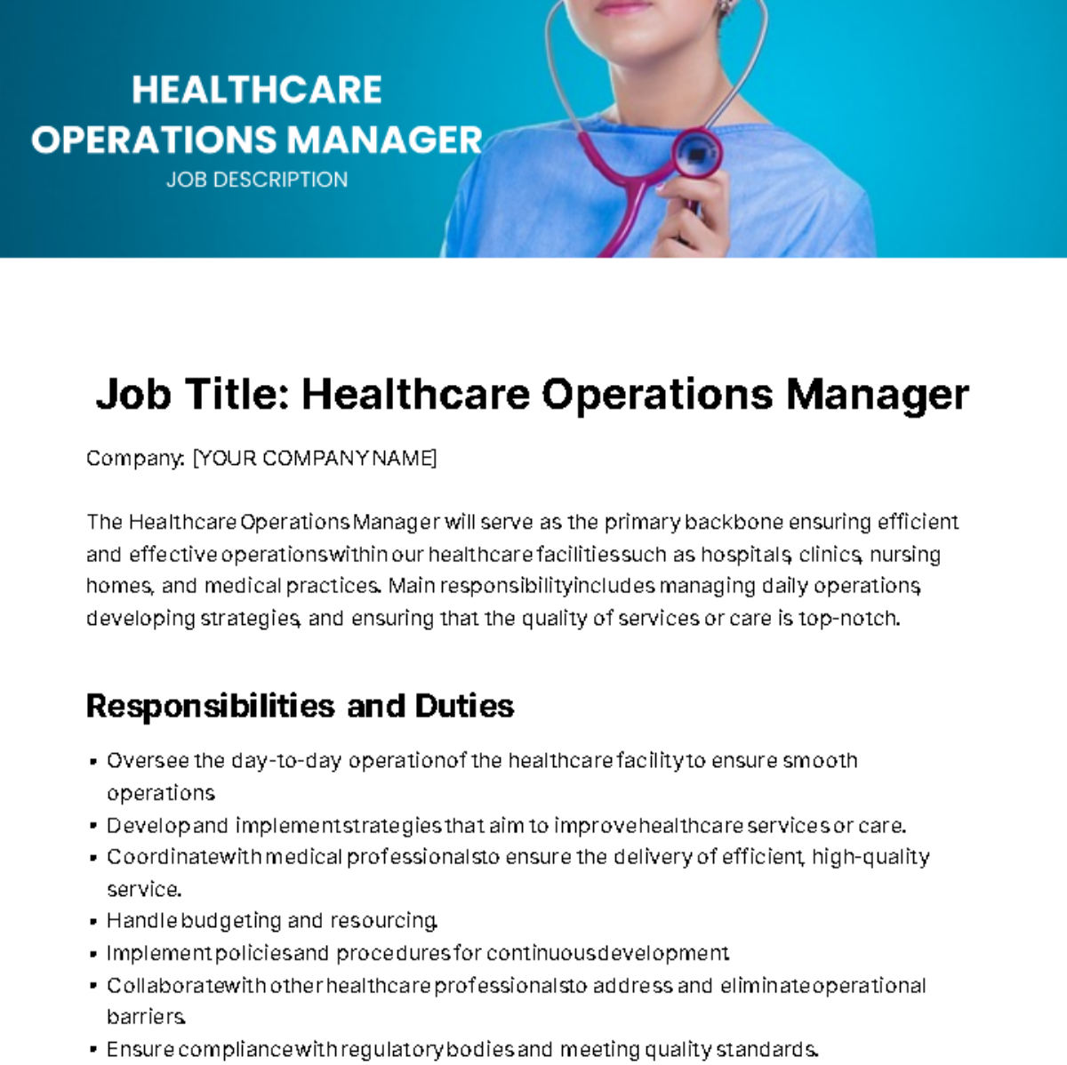 Healthcare Operations Manager Job Description Template