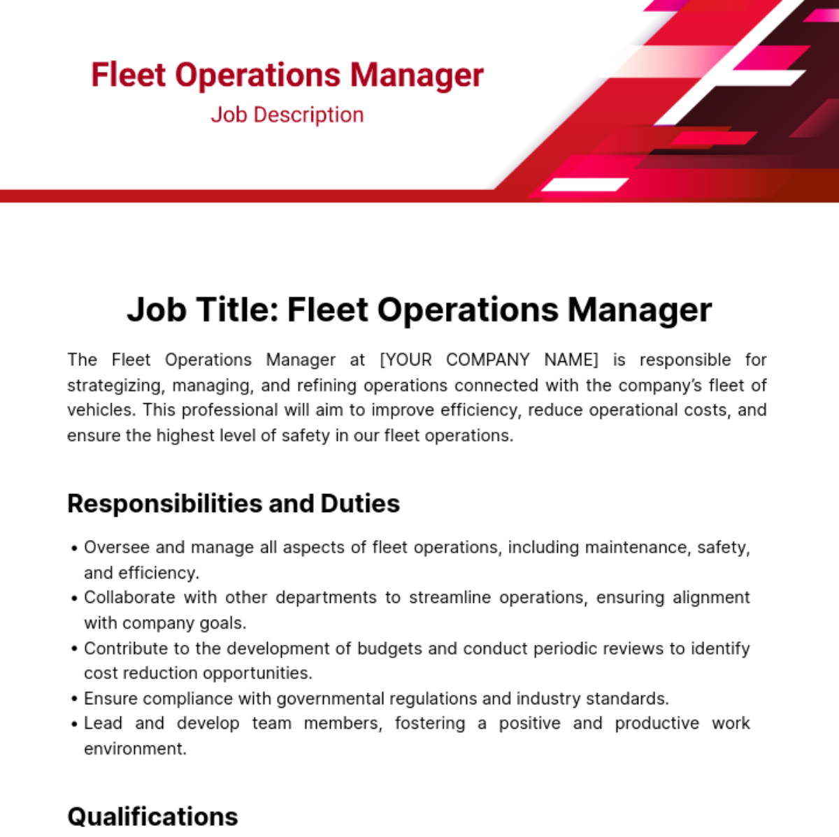 Fleet Operations Manager Job Description Template