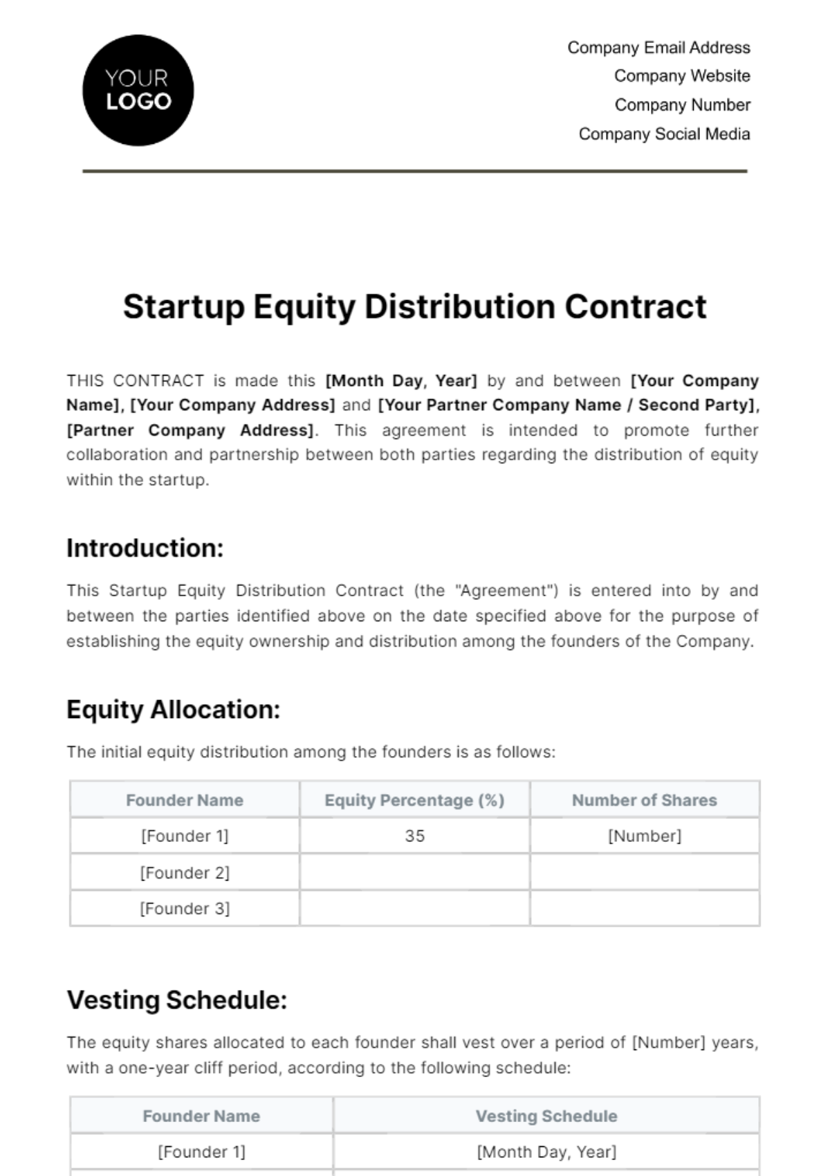 Free Startup Equity Distribution Contract Template