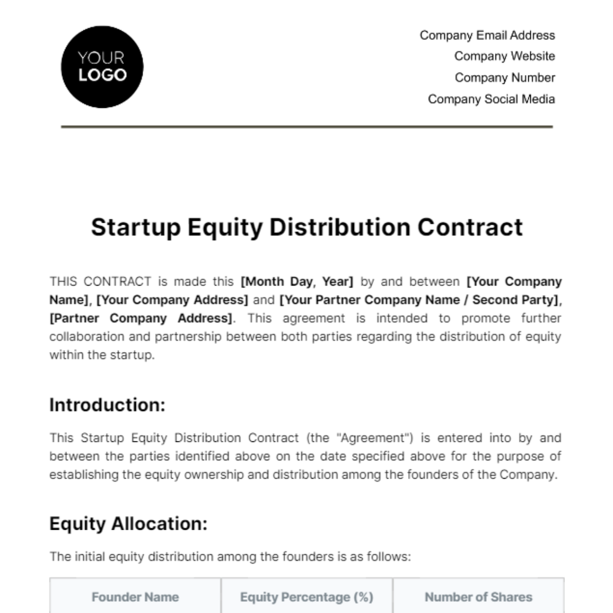 Startup Equity Distribution Contract Template