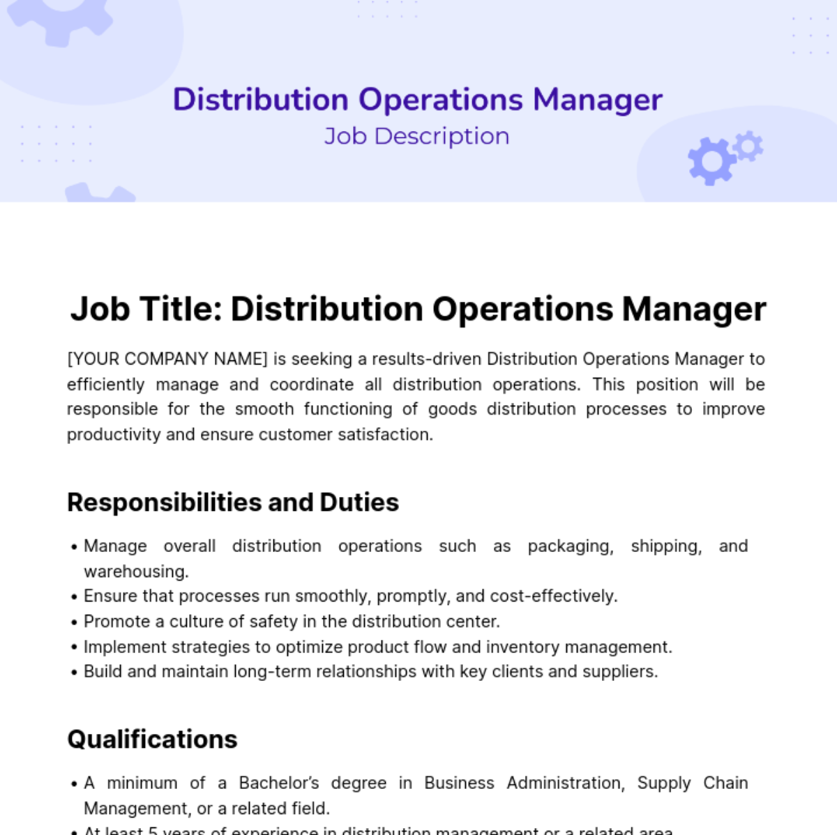 Distribution Operations Manager Job Job Description Template