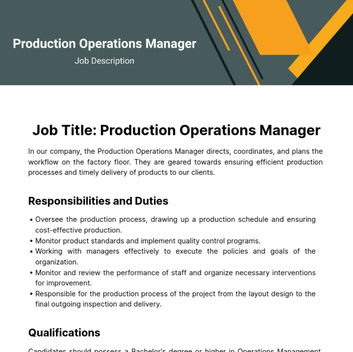 Production Operations Manager Job Description Template