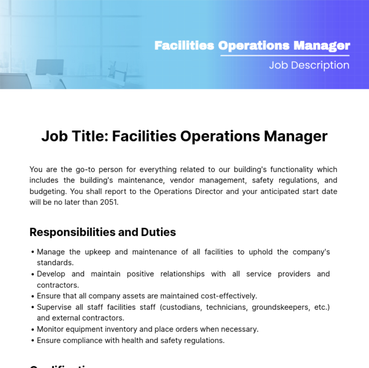 Facilities Operations Manager Job Description Template