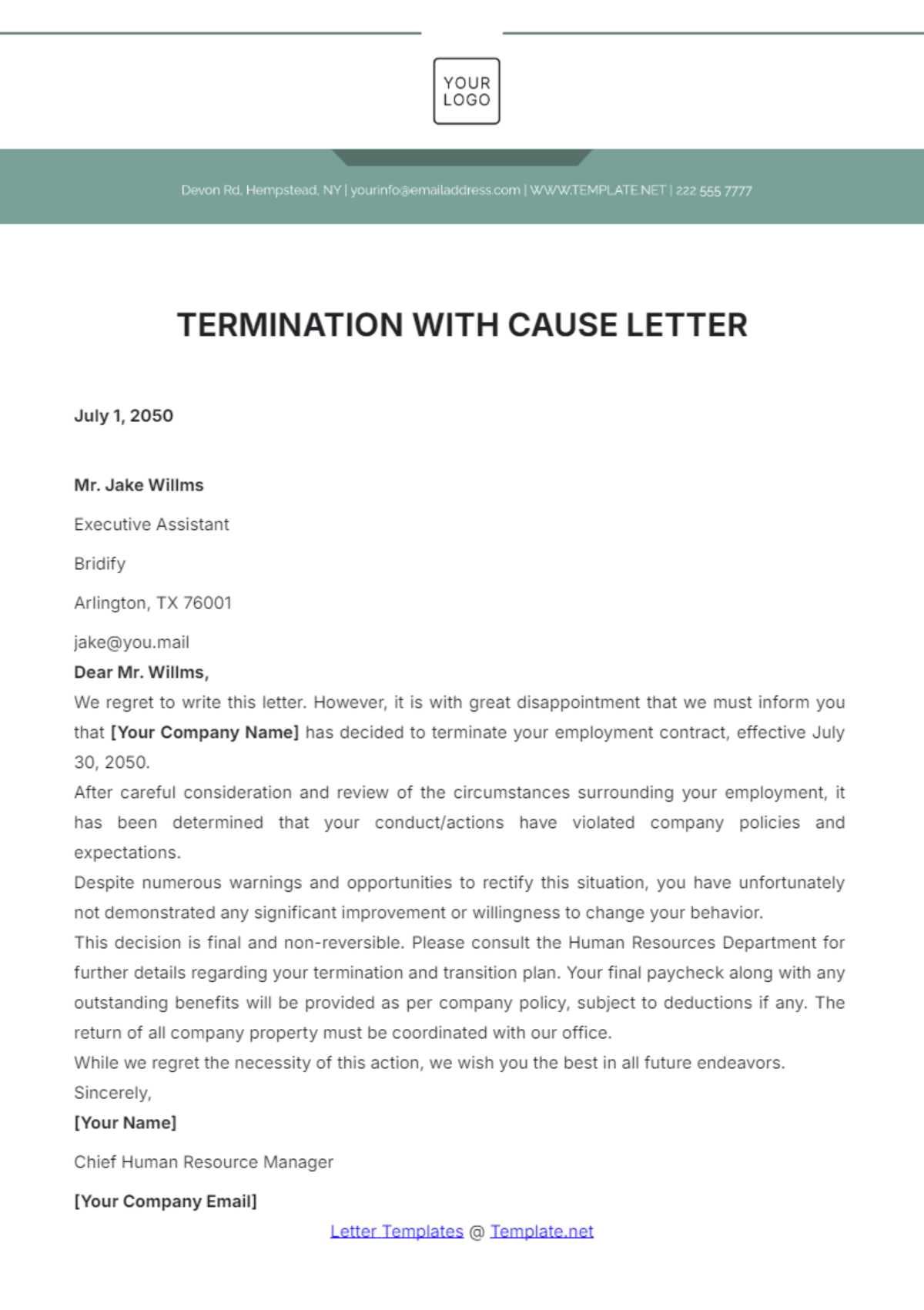 Termination with Cause Letter Template - Edit Online & Download