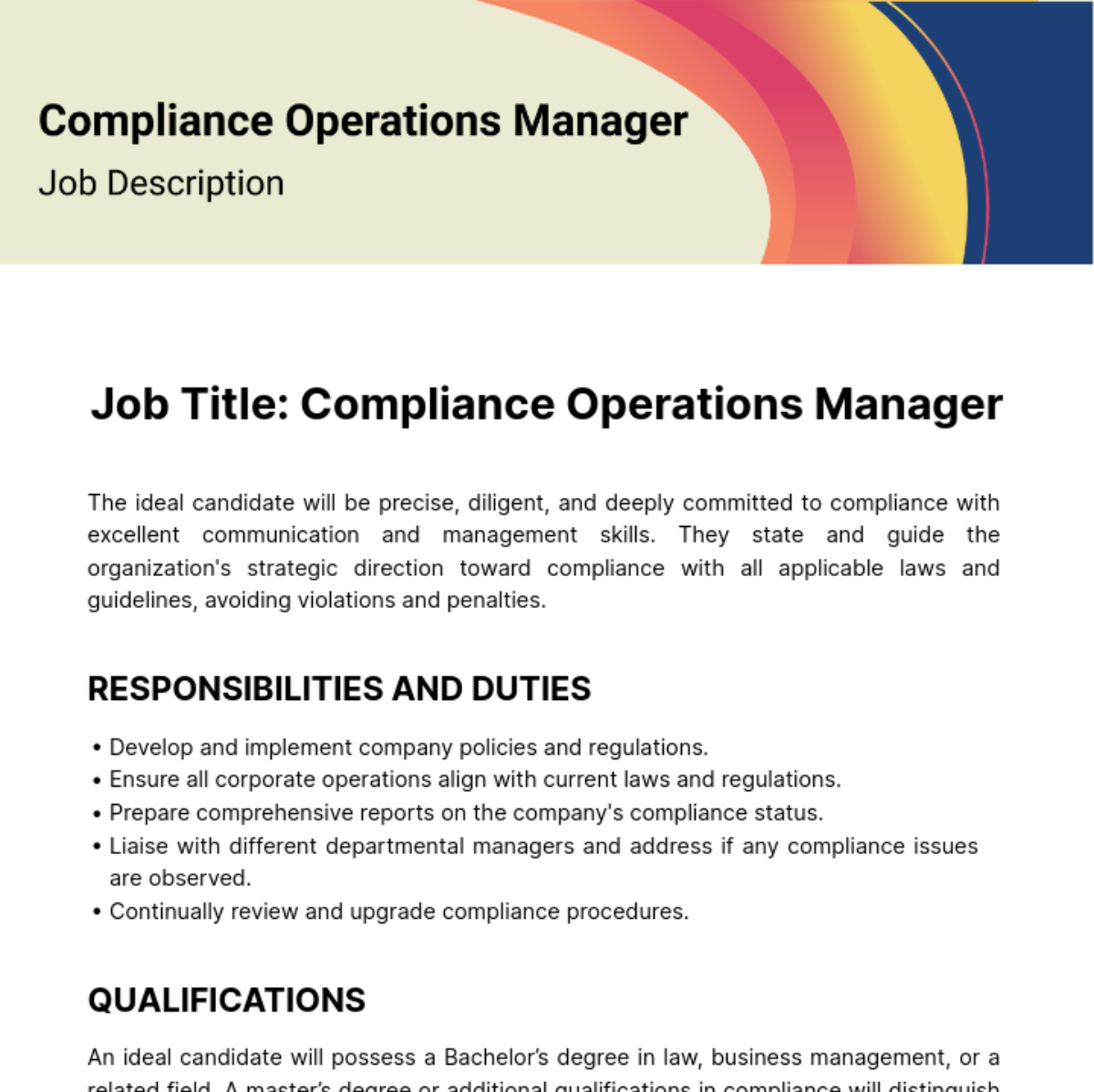 Compliance Operations Manager Job Description Template