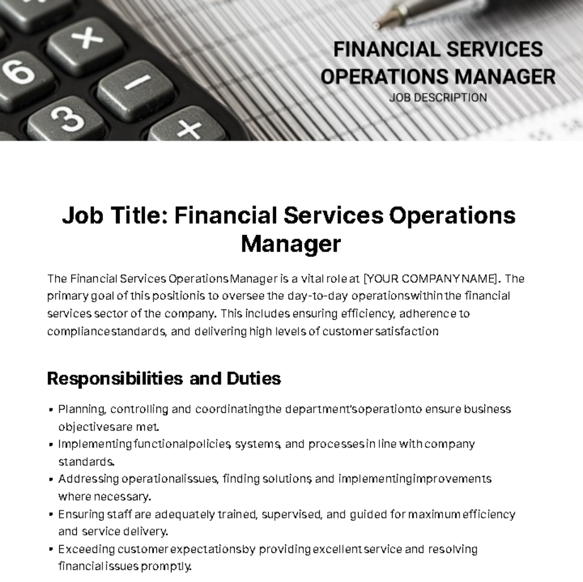 Financial Services Operations Manager Job Description Template