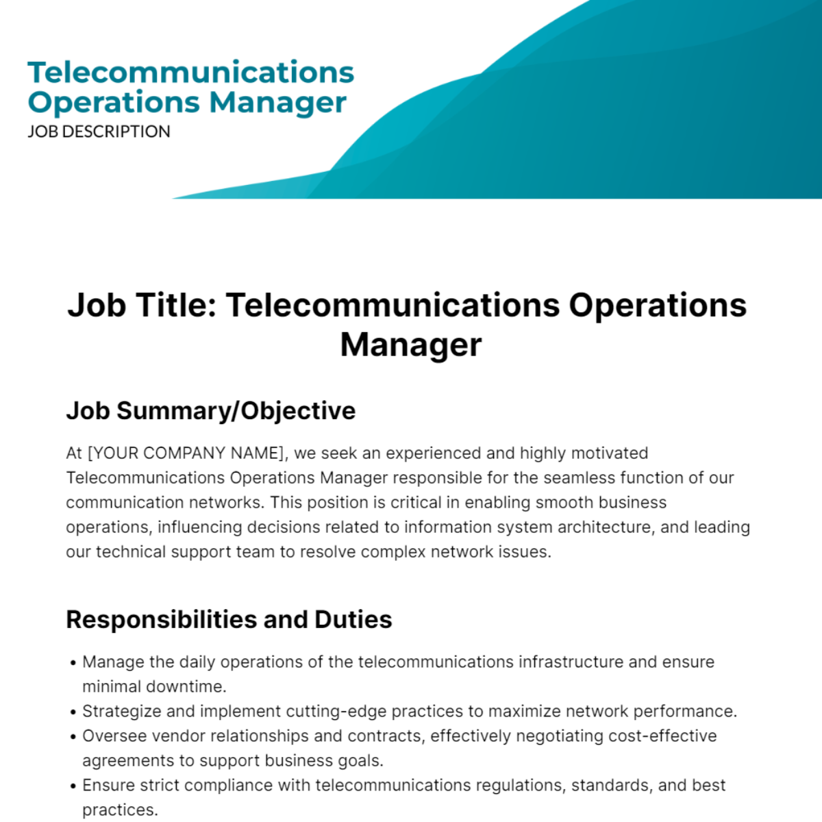 Telecommunications Operations Manager Job Description Template