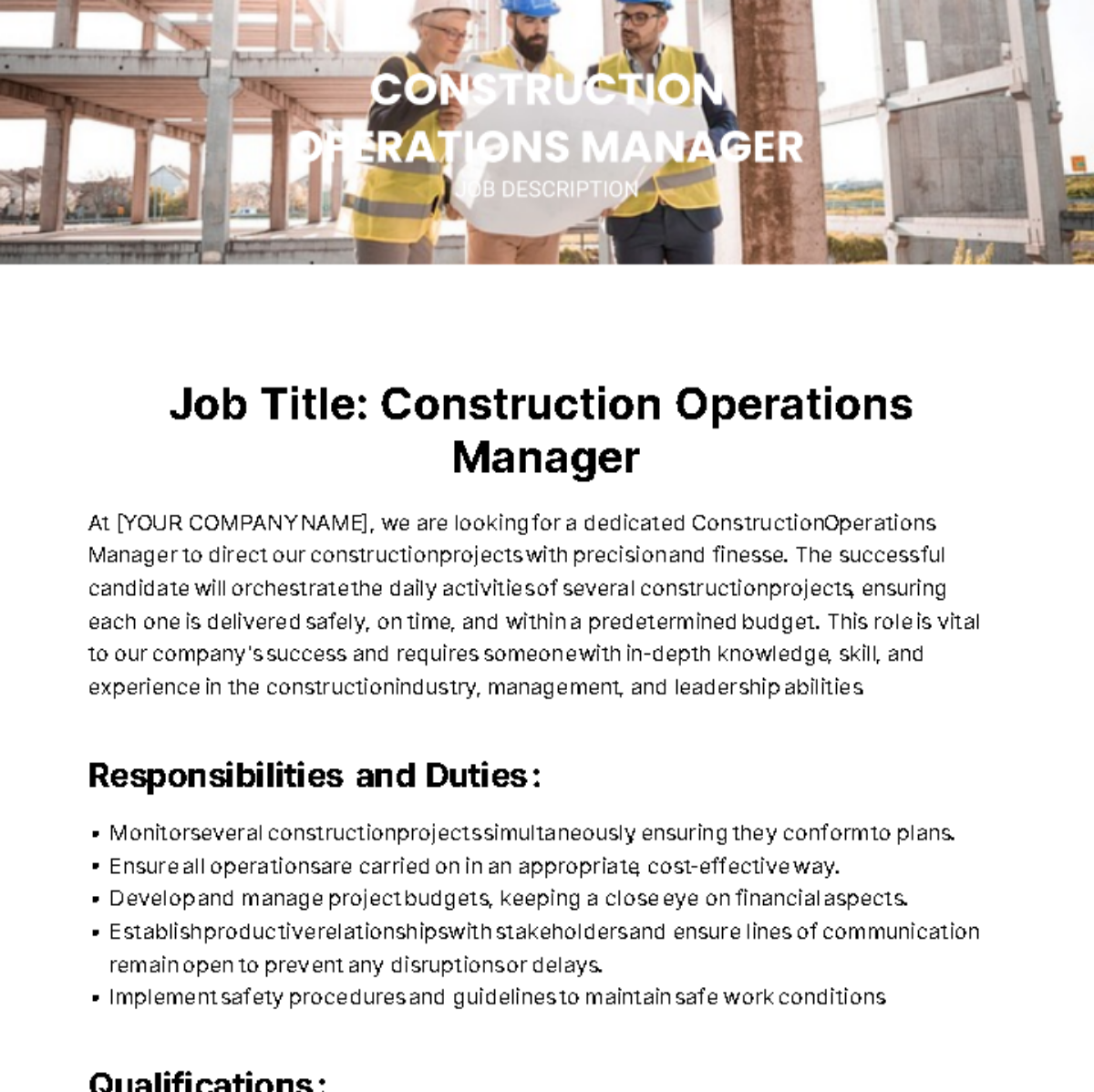 Construction Operations Manager Job Description Template
