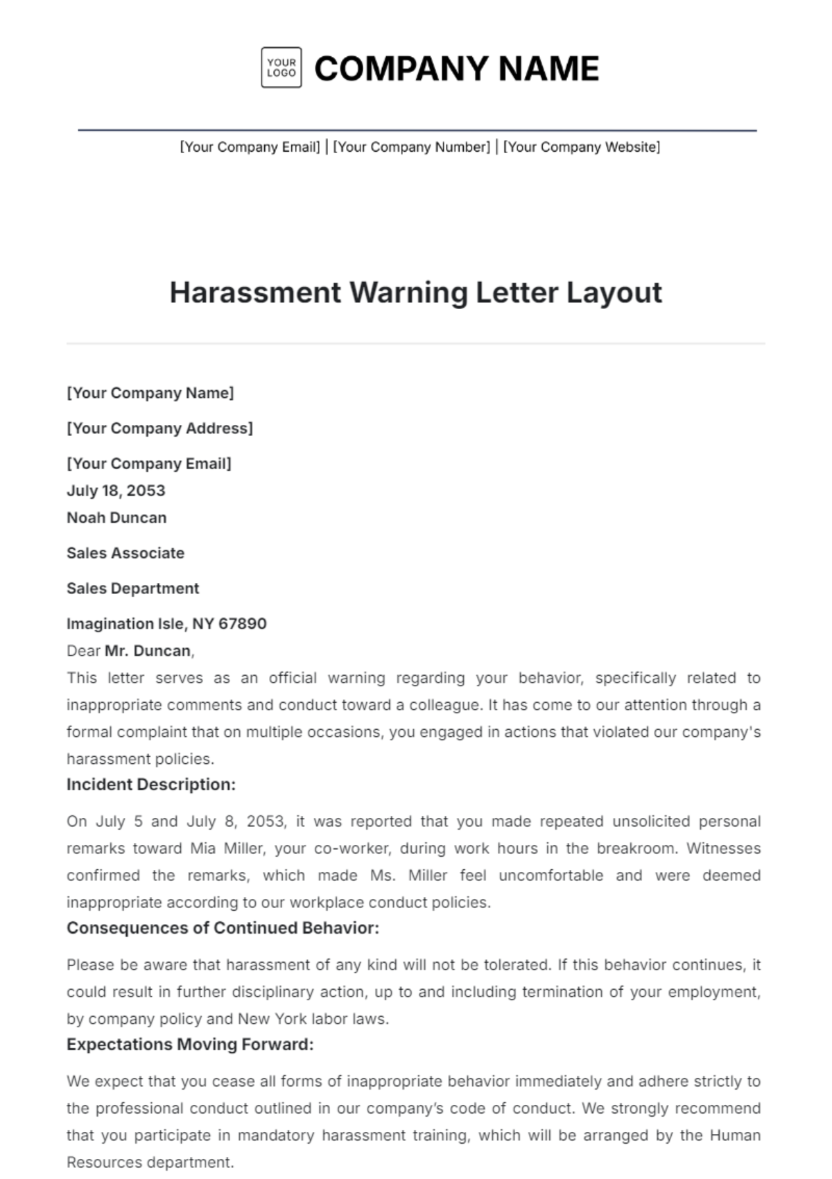 Harassment Warning Letter Layout Template - Edit Online & Download