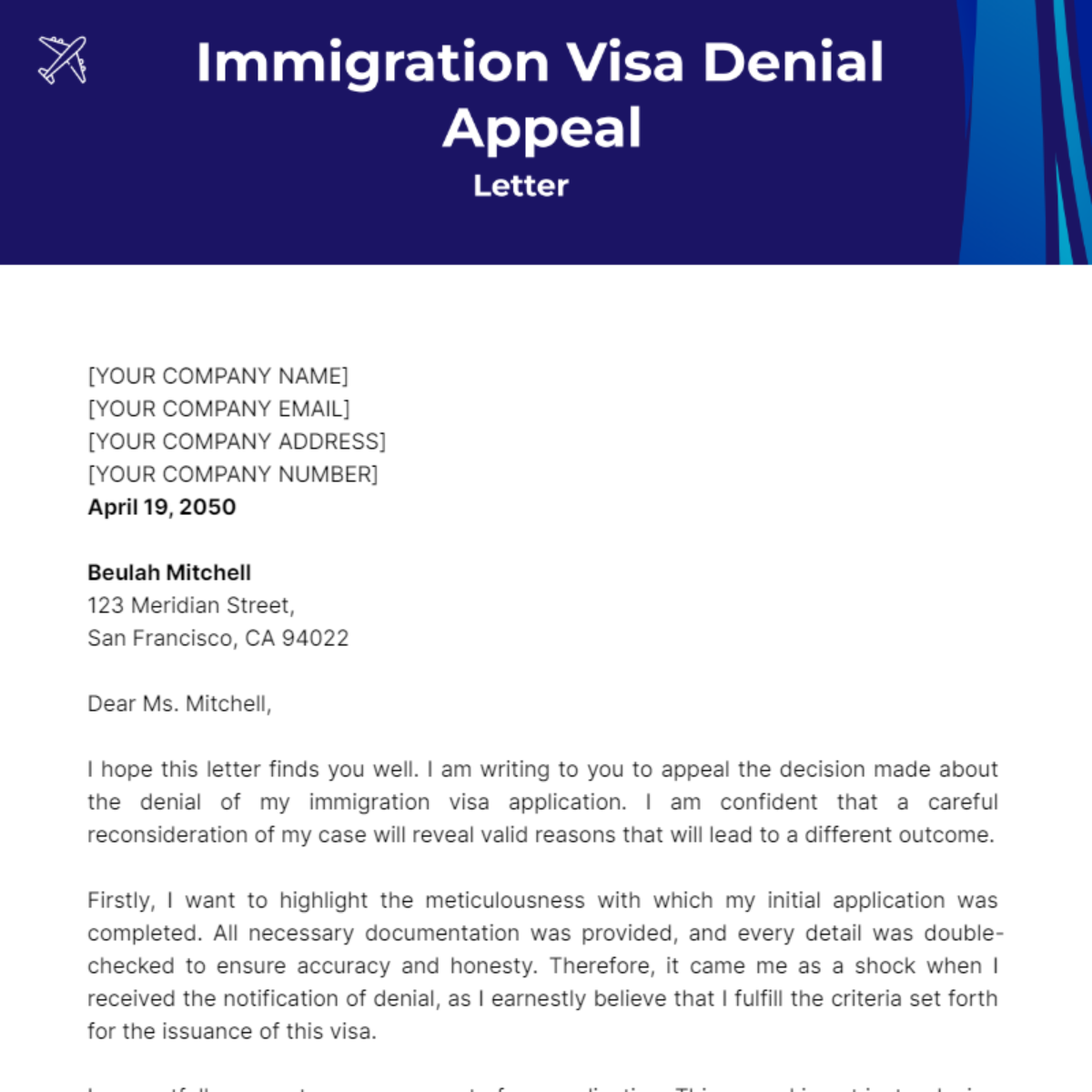 Immigration Visa Denial Appeal Letter Template