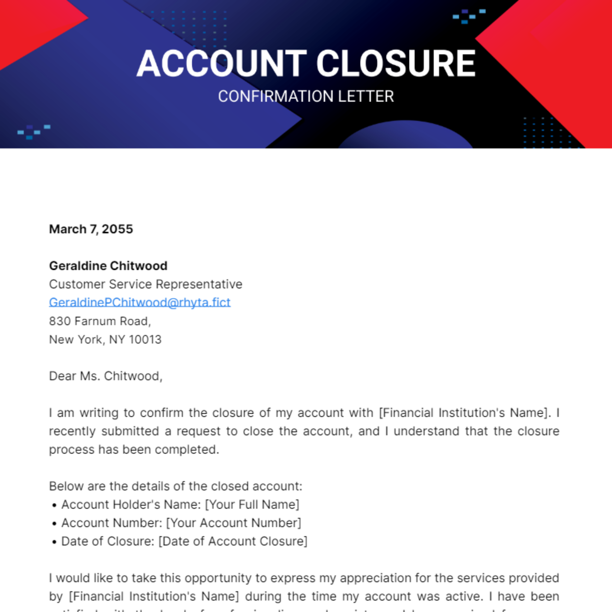 Account Closure Confirmation Letter Template