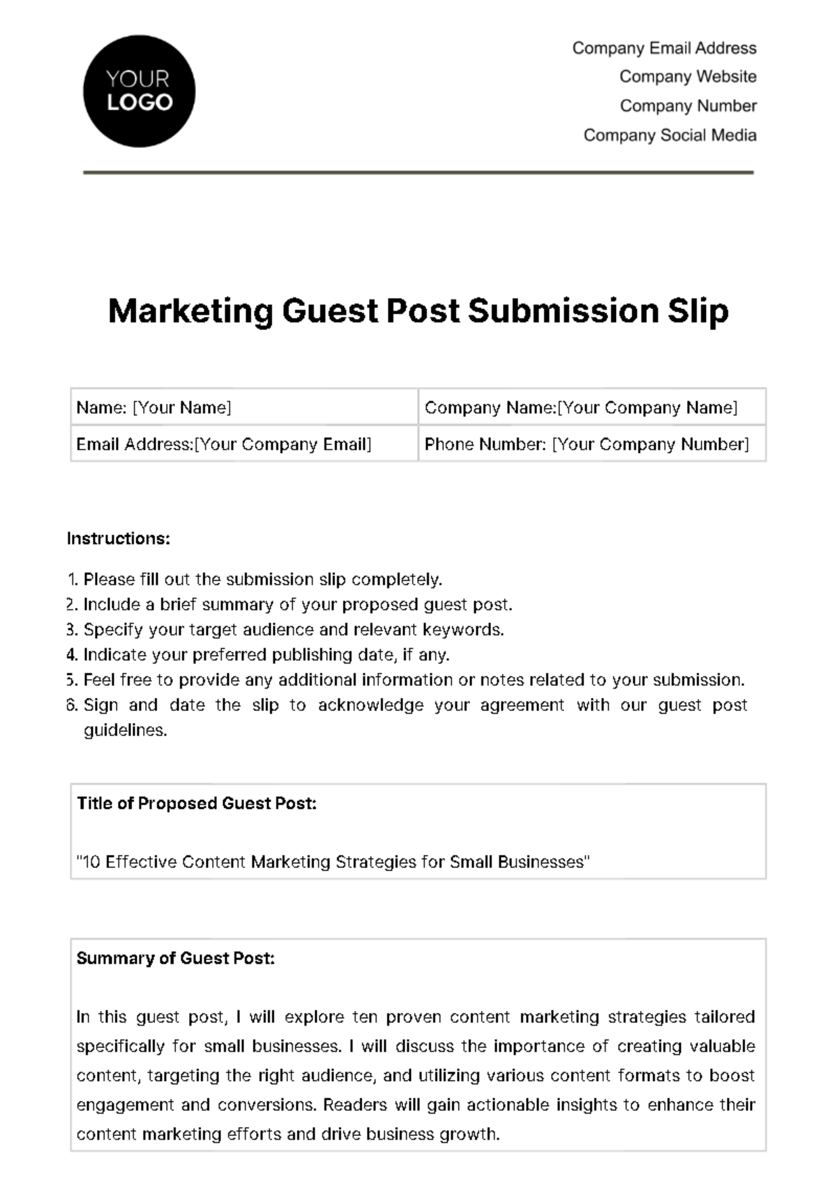 Free Marketing Guest Post Submission Slip Template