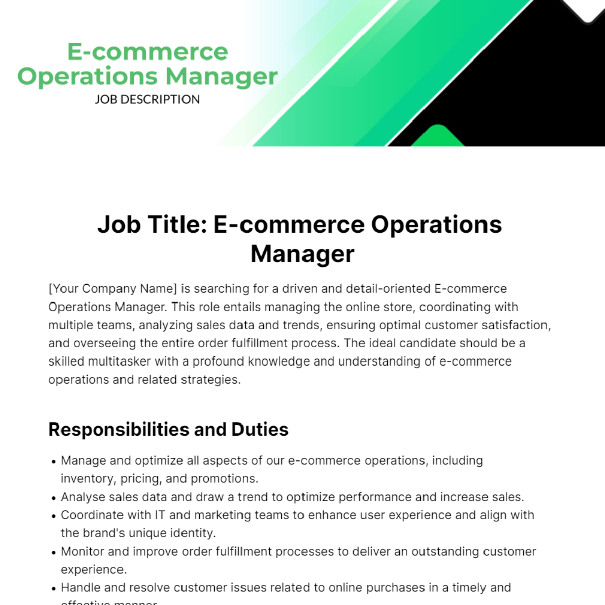 E-commerce Operations Manager Job Description Template
