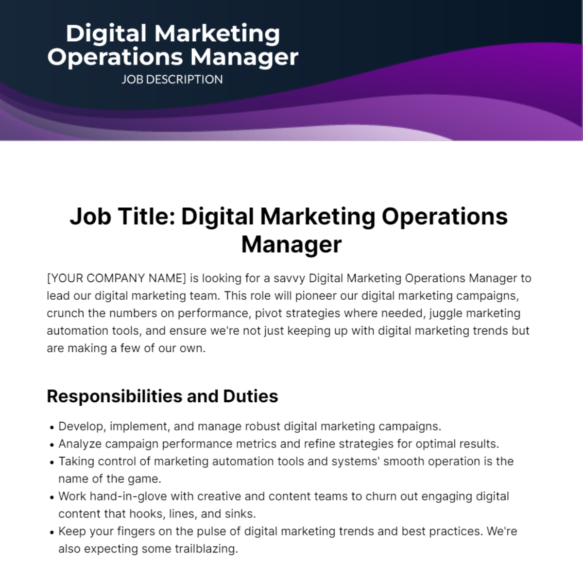 Digital Marketing Operations Manager Job Description Template