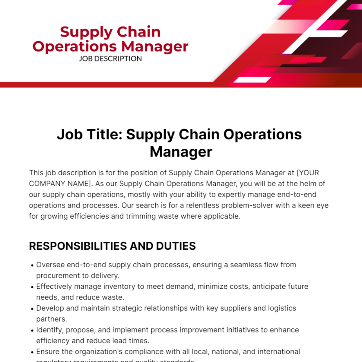 Supply Chain Operations Manager Job Description Template