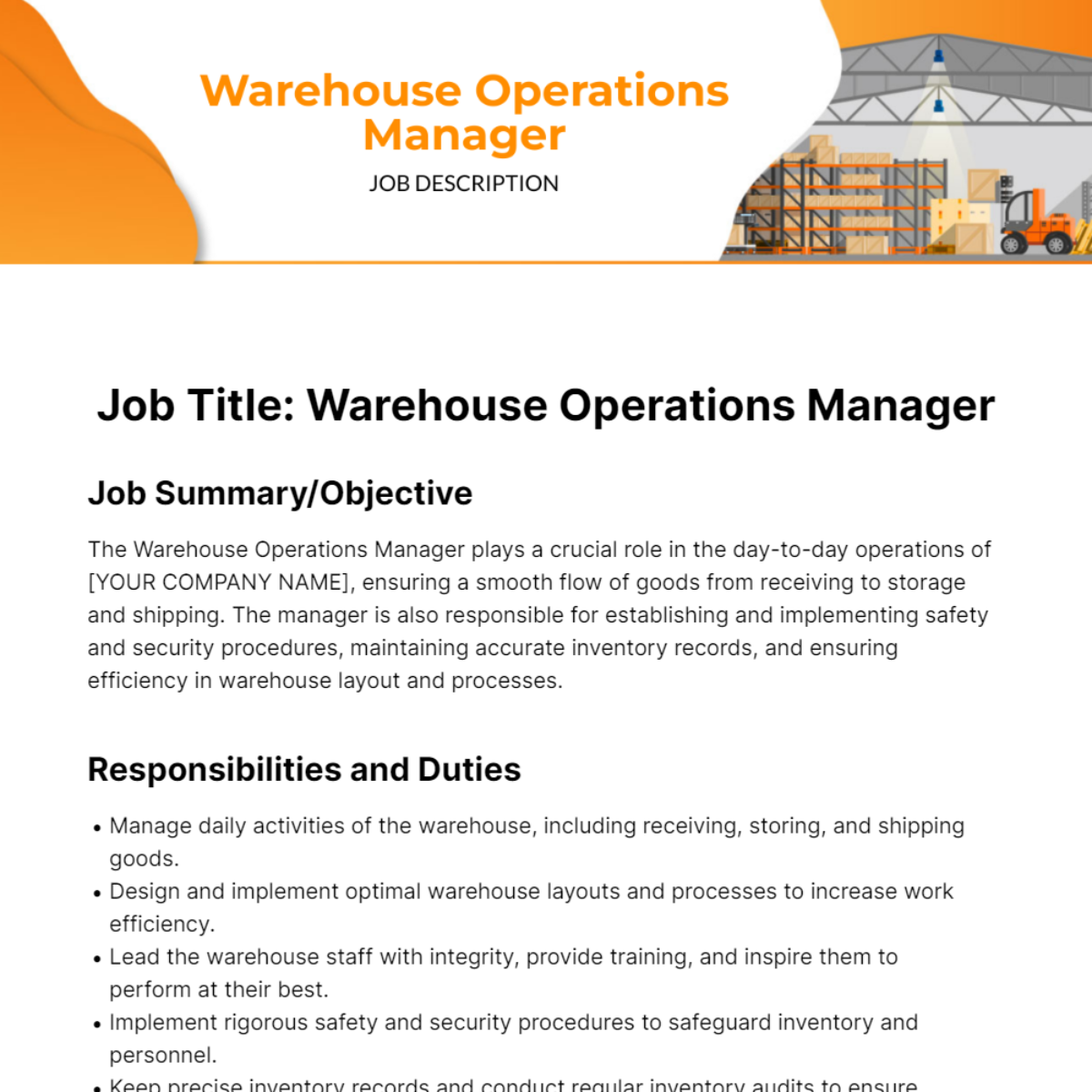 Warehouse Operations Manager Job Description Template