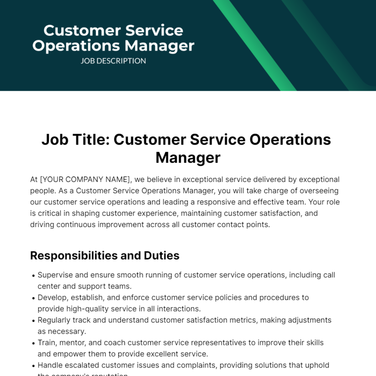 Customer Service Operations Manager Job Description Template