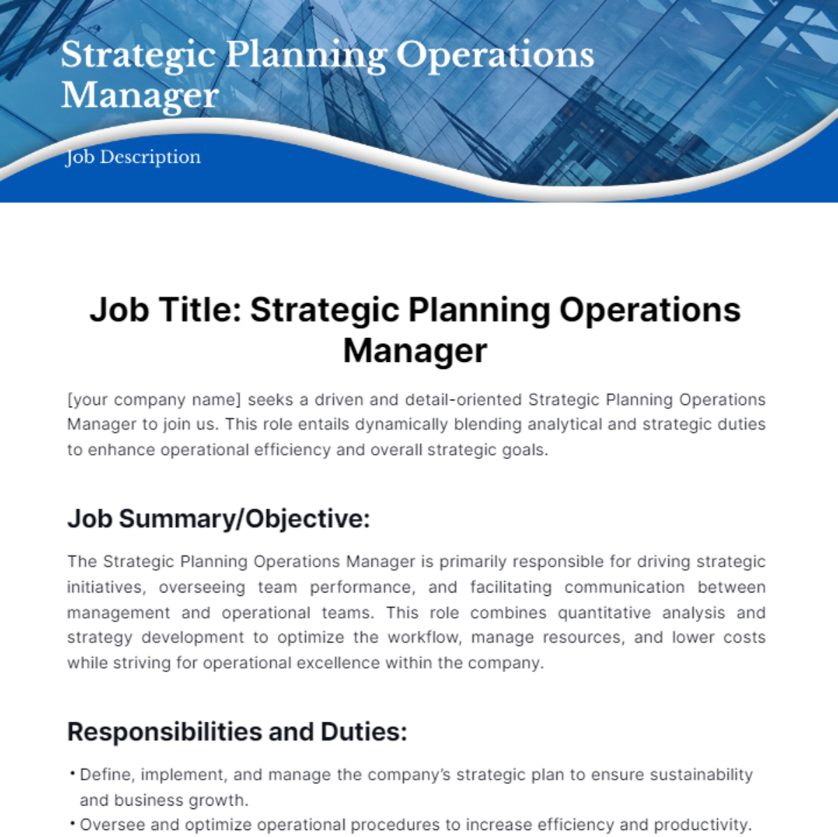 Strategic Planning Operations Manager Job Description Template