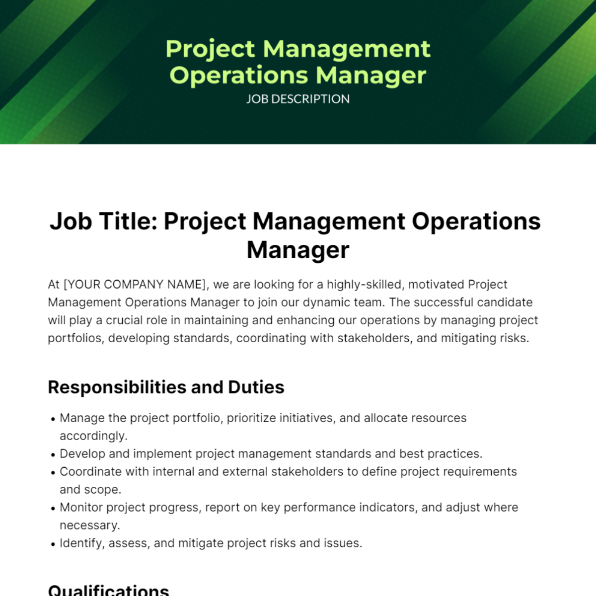 Project Management Operations Manager Job Description Template