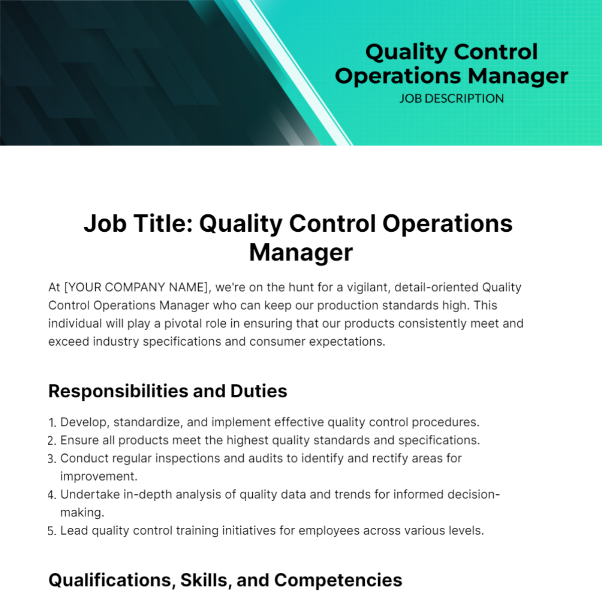 Quality Control Operations Manager Job Description Template