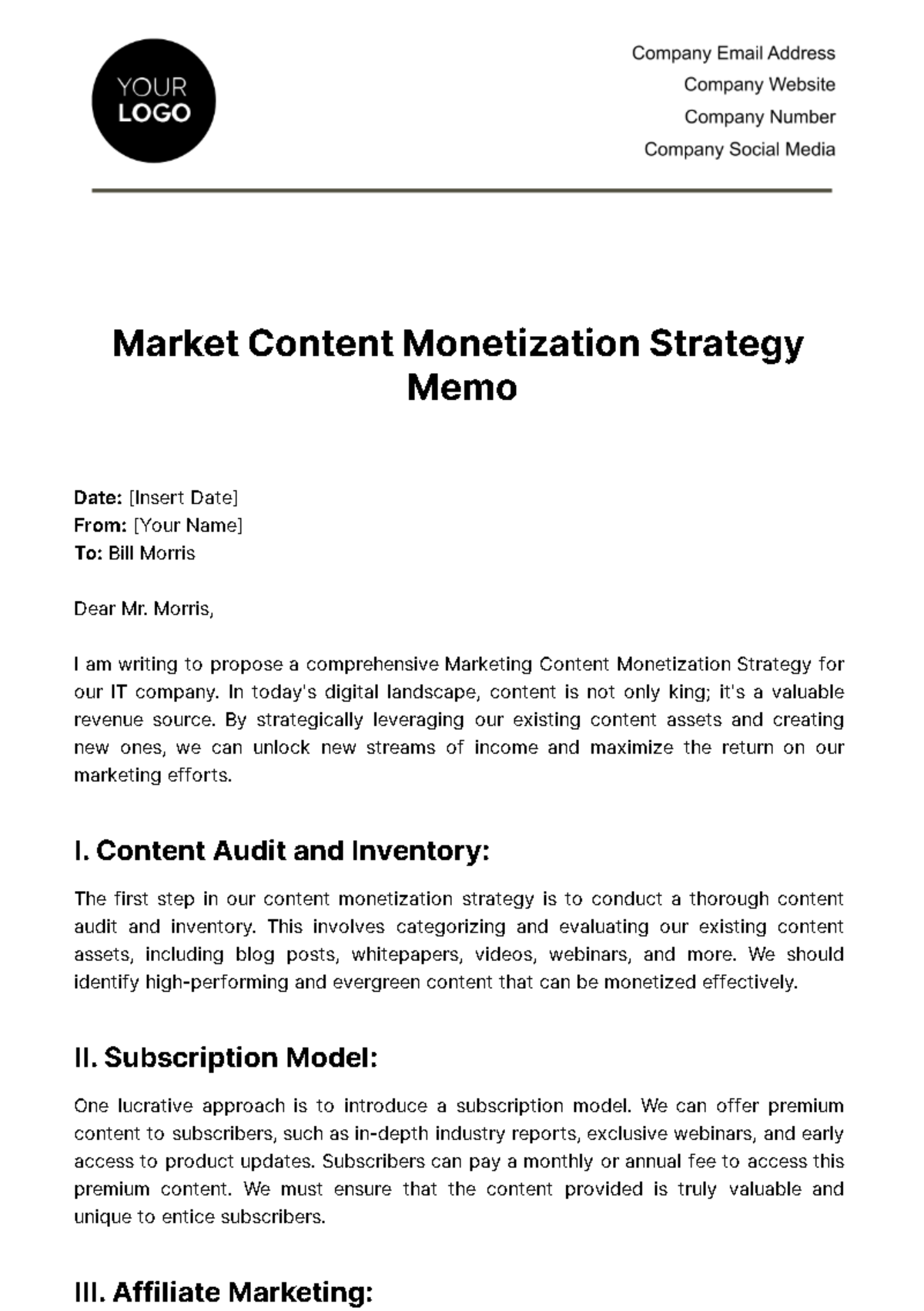 Free Marketing Content Monetization Strategy Memo Template